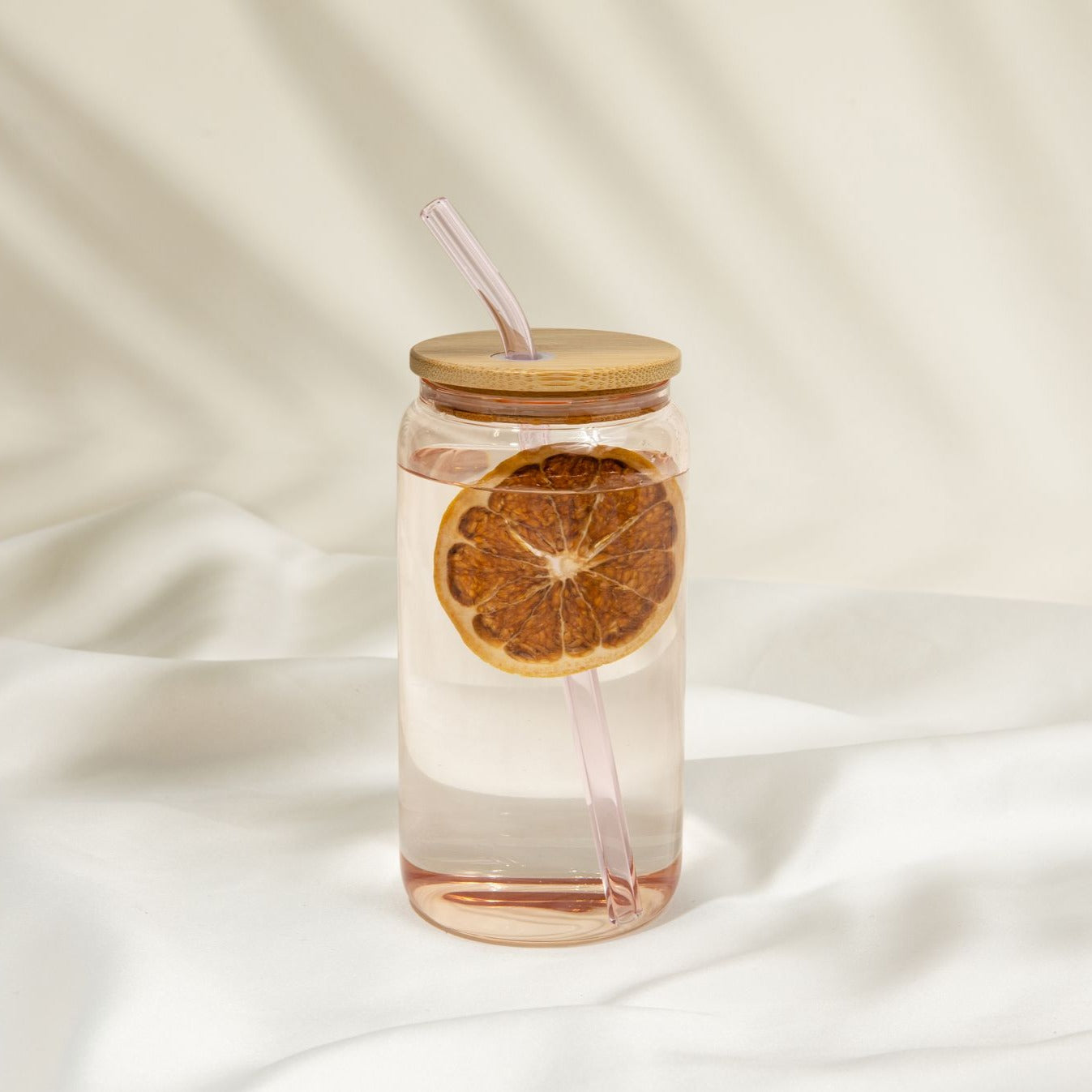 Peach Glass Cup with Lid and Straw