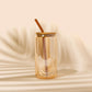 Peach Can Glass Cup with Bamboo Lid and Straw